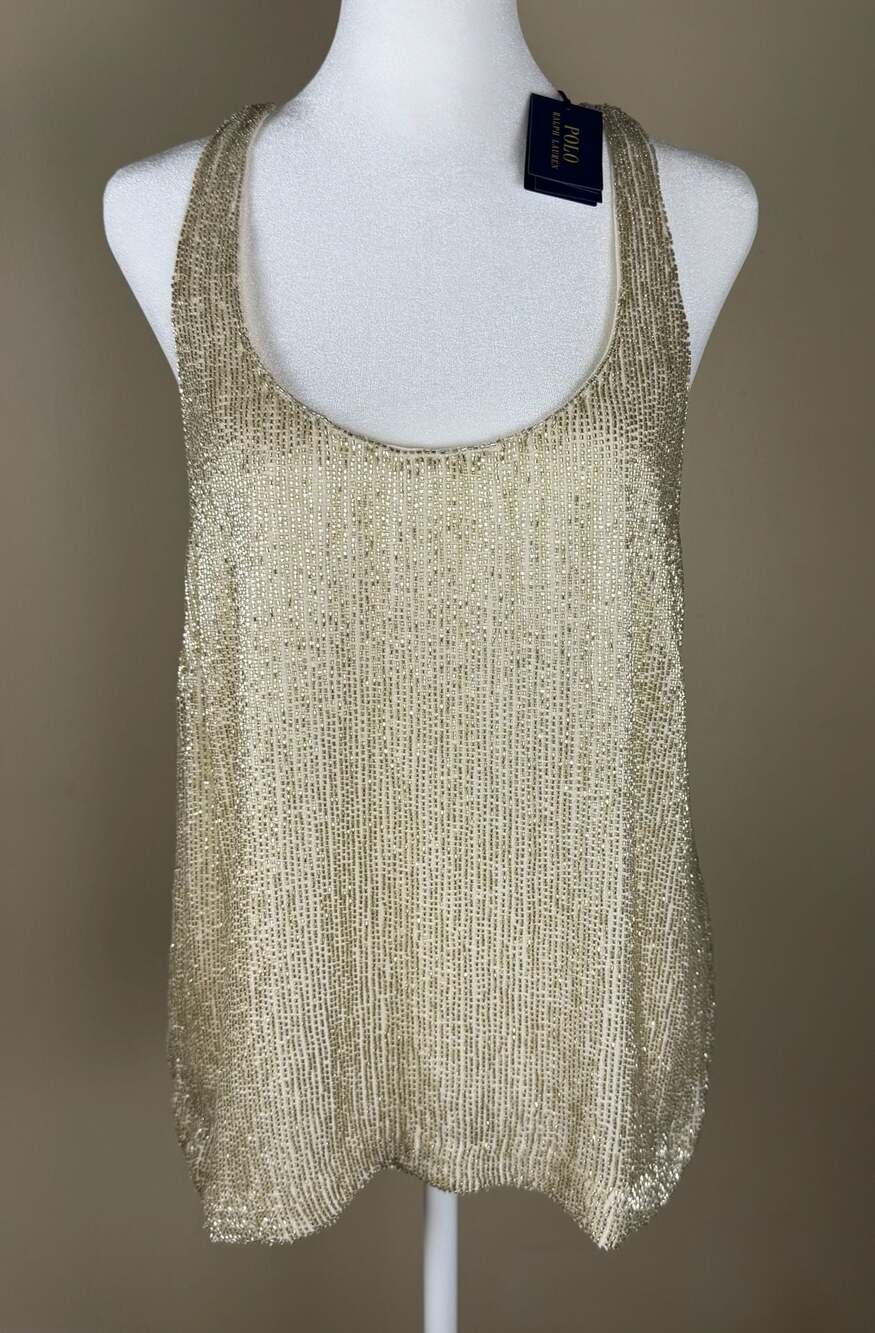 Polo Ralph Lauren Beaded Tank Top 12 NWT $298 Cream Gold Metallic Racerback